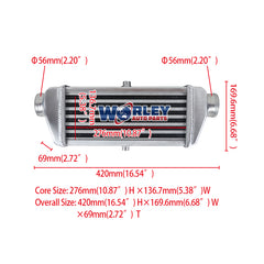 1Wolrey 280 x 130 x 50 mm Front Mount Aluminum turbo Intercooler 56mm 2.2" Inlet/Outlet