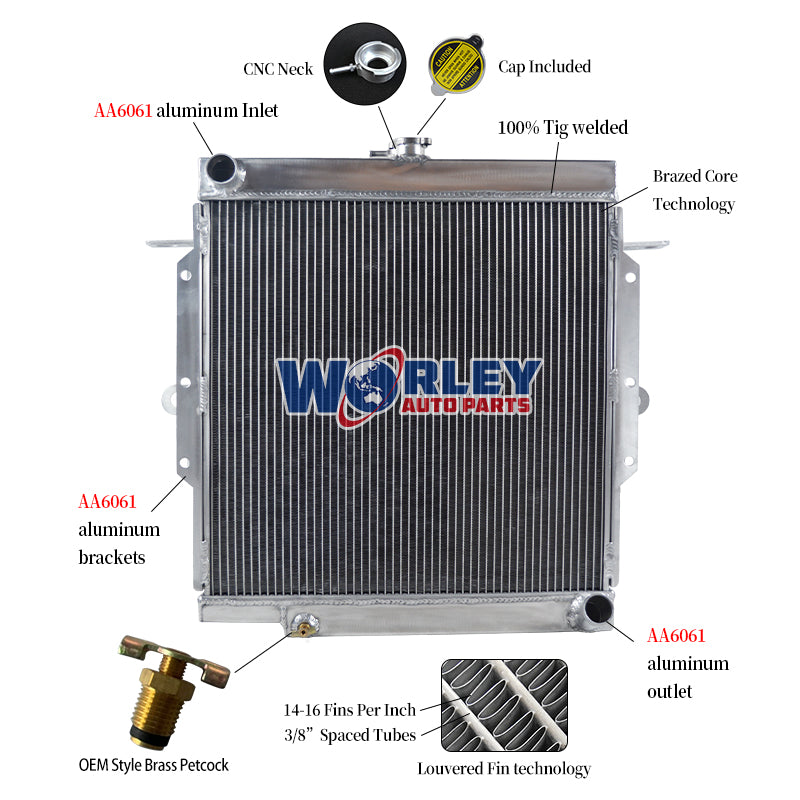 Wolrey Aluminum Radiator Fits Toyota Land Cruiser Landcruiser 75 Series HZJ75 1990-2001 1991 1992 1993 1994