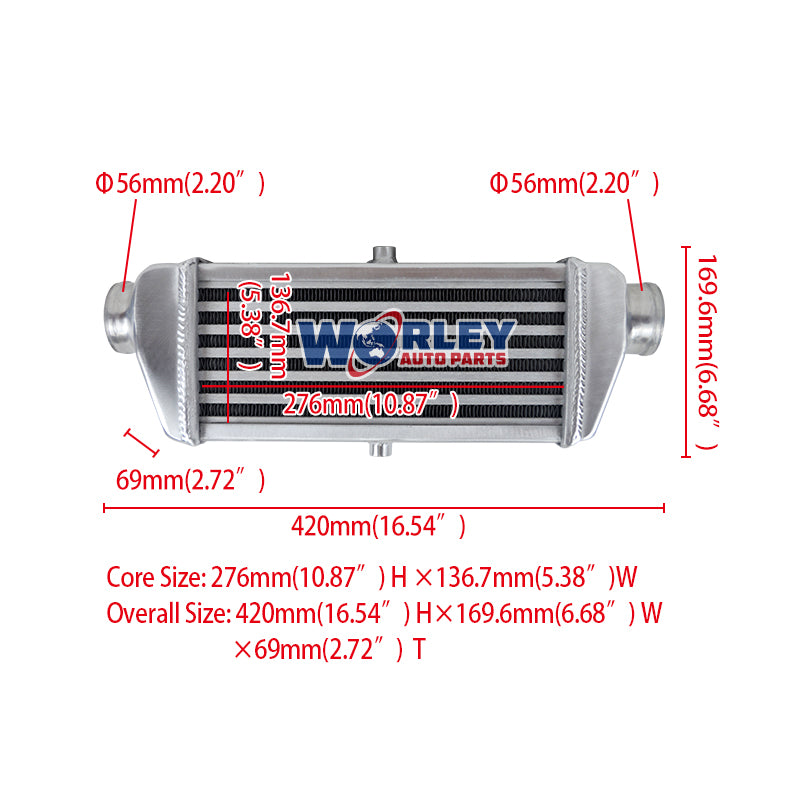 1Wolrey 280 x 130 x 50 mm Front Mount Aluminum turbo Intercooler 56mm 2.2" Inlet/Outlet