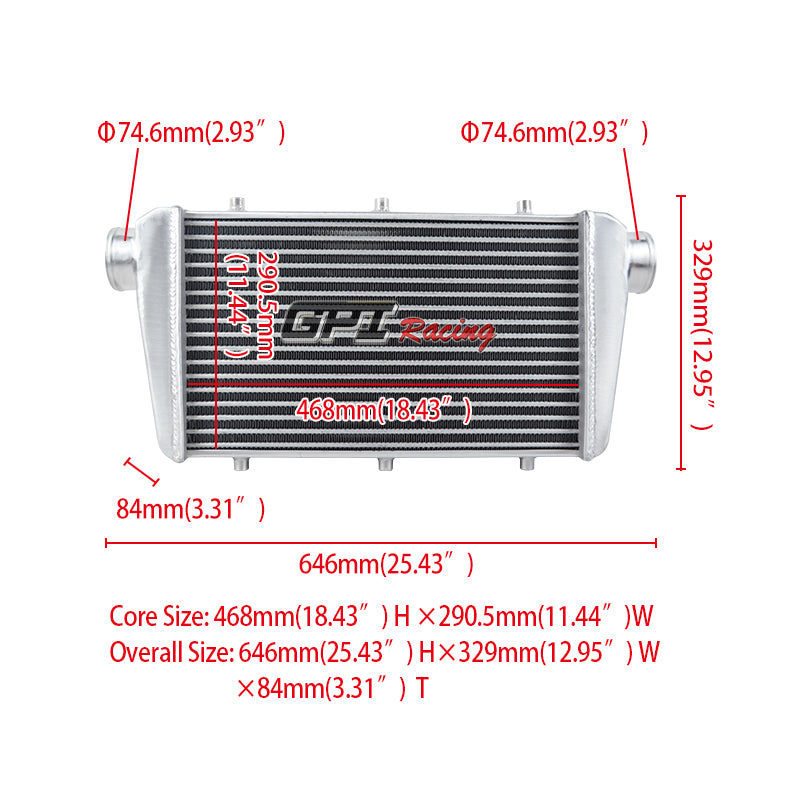 4Wolrey 3'' Inlet/Outlet 650X330X80mm Intercooler For Universal Bar & Plate Front Mount