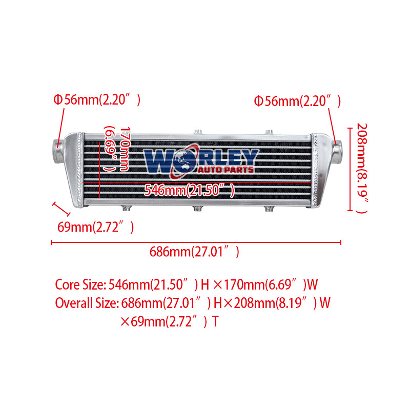 4Wolrey 685*208*68mm FMIC Front Mount Aluminum Intercooler Tube&Fin Turbo Universal