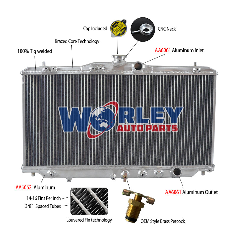 4Wolrey Aluminum Radiator Fits 1988-1991 Honda Prelude 2.0L 2.1L L4 B20A5 B21A1 AT 1989 1990