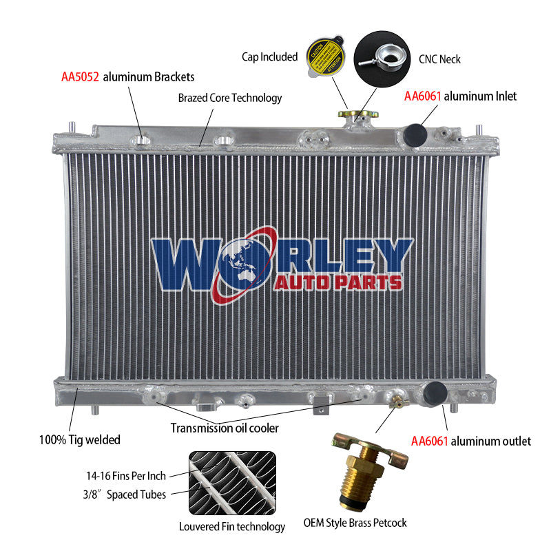 6Wolrey Aluminum Radiator Fits Honda Integra Acura DC2 B18 GSR RS LS 1994-2001 1995 1996 1997 1998 1999 2000