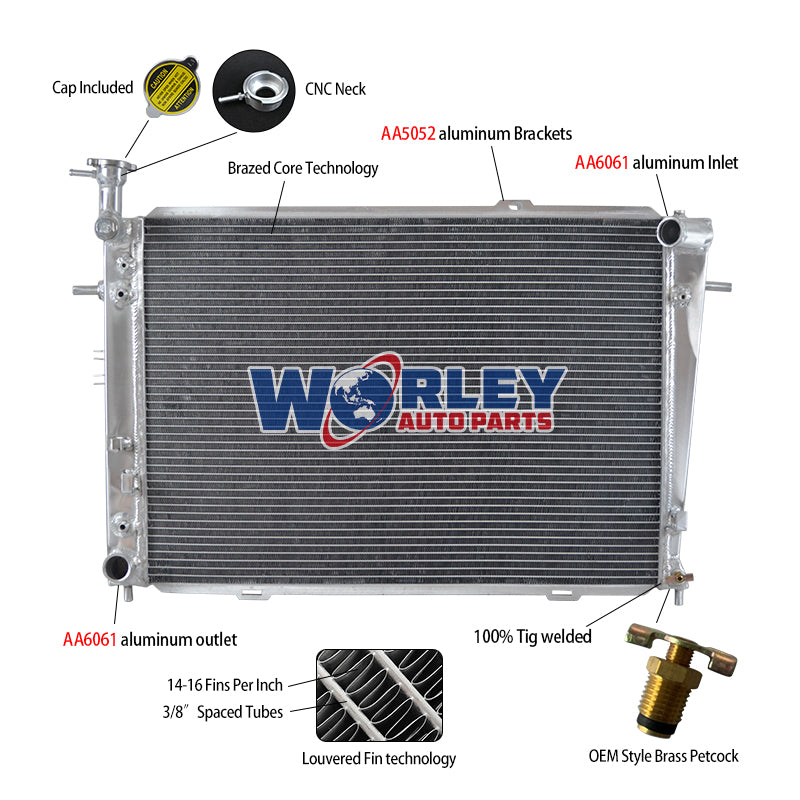 6Wolrey Aluminum Radiator Fits Hyundai Tucson JM Kia Sportage KM 2.0L 4Cyl 2.7 V6 Petrol 2004-2010 2005 2006 2007 2008 2009