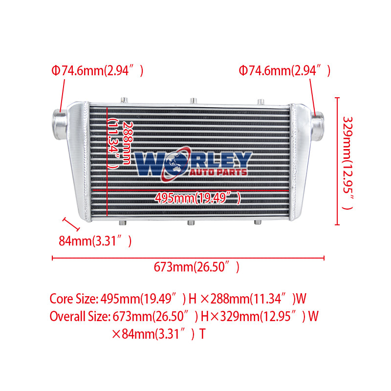 6Wolrey Core 500x290x62mm FMIC Universal Aluminum Turbo Intercooler 3" Inlet/Outlet 76mm
