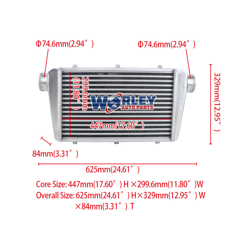 6Wolrey Universal Alutercooler 450X300X75mm Front Mount 3" In/Outletminum In