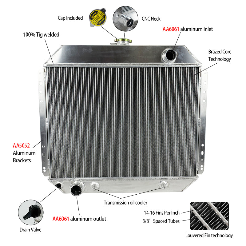 Wolrey Aluminum Radiator Fits FORD F100 F250 F350 Bronco TRUCK V8 1967-1981