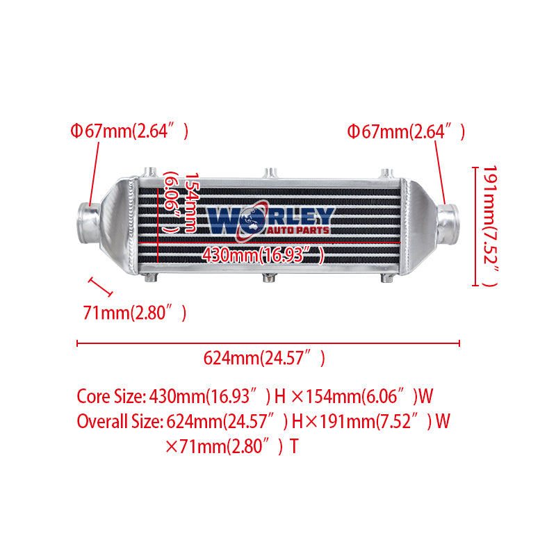 Wolrey 624x191x71MM FMIC UNIVERSAL ALUMINUM TURBO INTERCOOLER 2 3/5" 67mm IN/OUTLET PIPE
